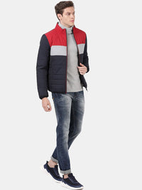 t-base Men Navy Blue Red Colourblocked Windcheater Puffer Jacket
