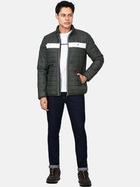 t-base Men Green & White Colourblocked Lightweight Puffer Jacket