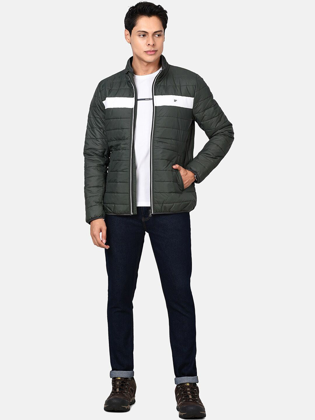 t-base Men Green & White Colourblocked Lightweight Puffer Jacket