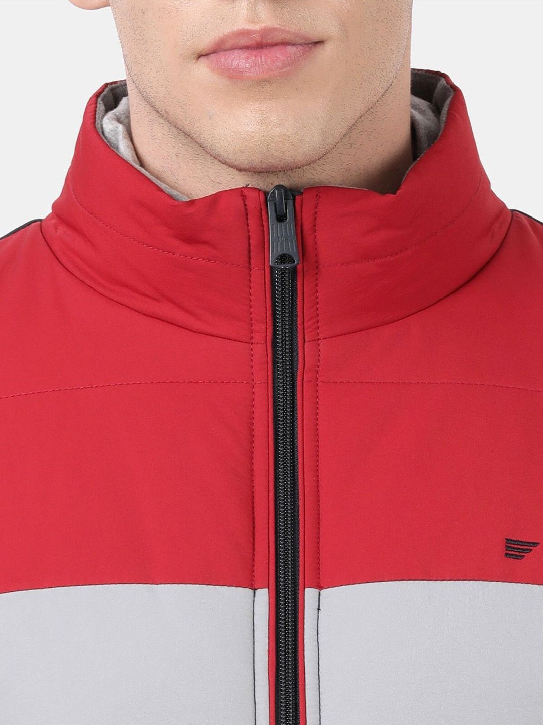 t-base Men Navy Blue Red Colourblocked Windcheater Puffer Jacket