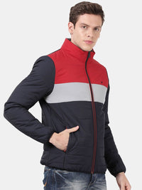 t-base Men Navy Blue Red Colourblocked Windcheater Puffer Jacket