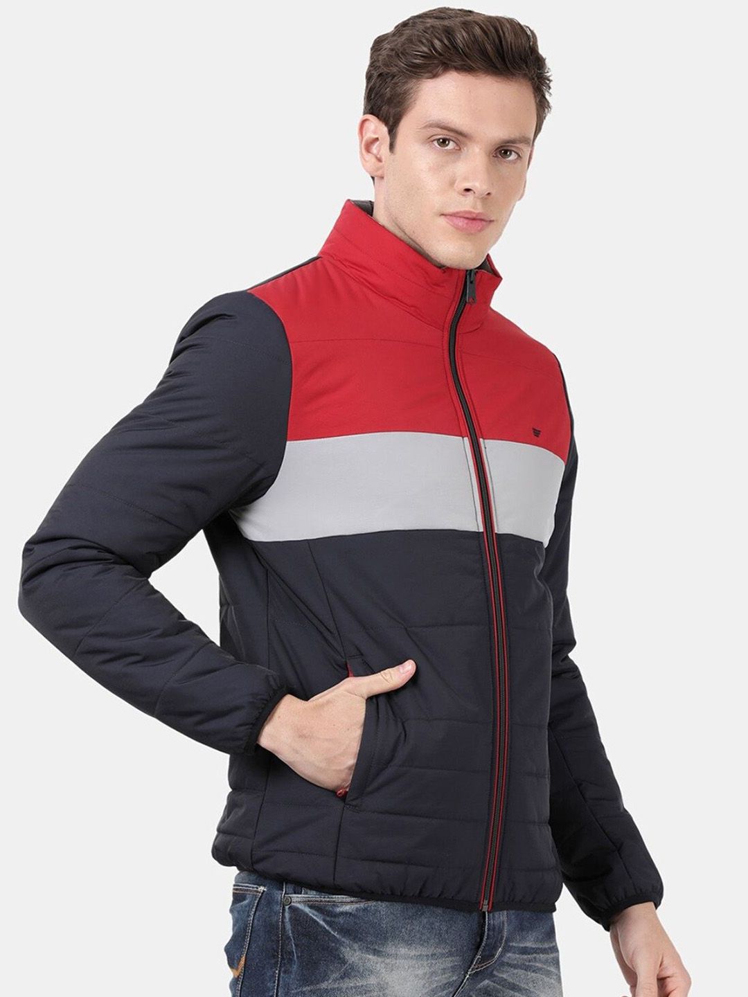 t-base Men Navy Blue Red Colourblocked Windcheater Puffer Jacket