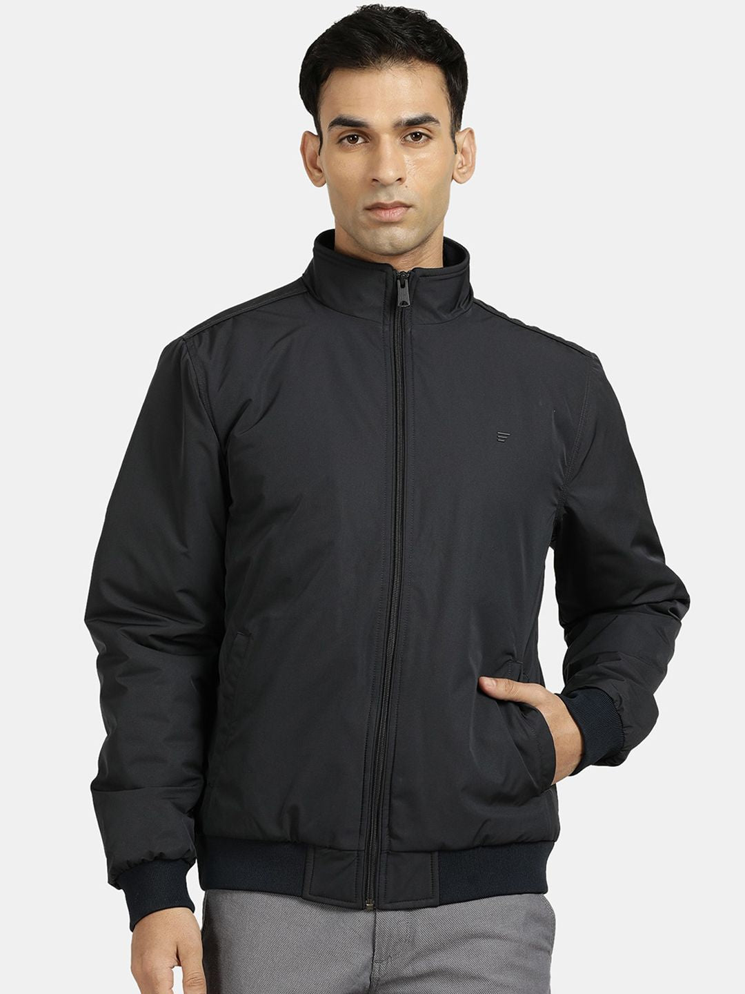 Men Self Design Mock Collar Windcheater Bomber Jacket