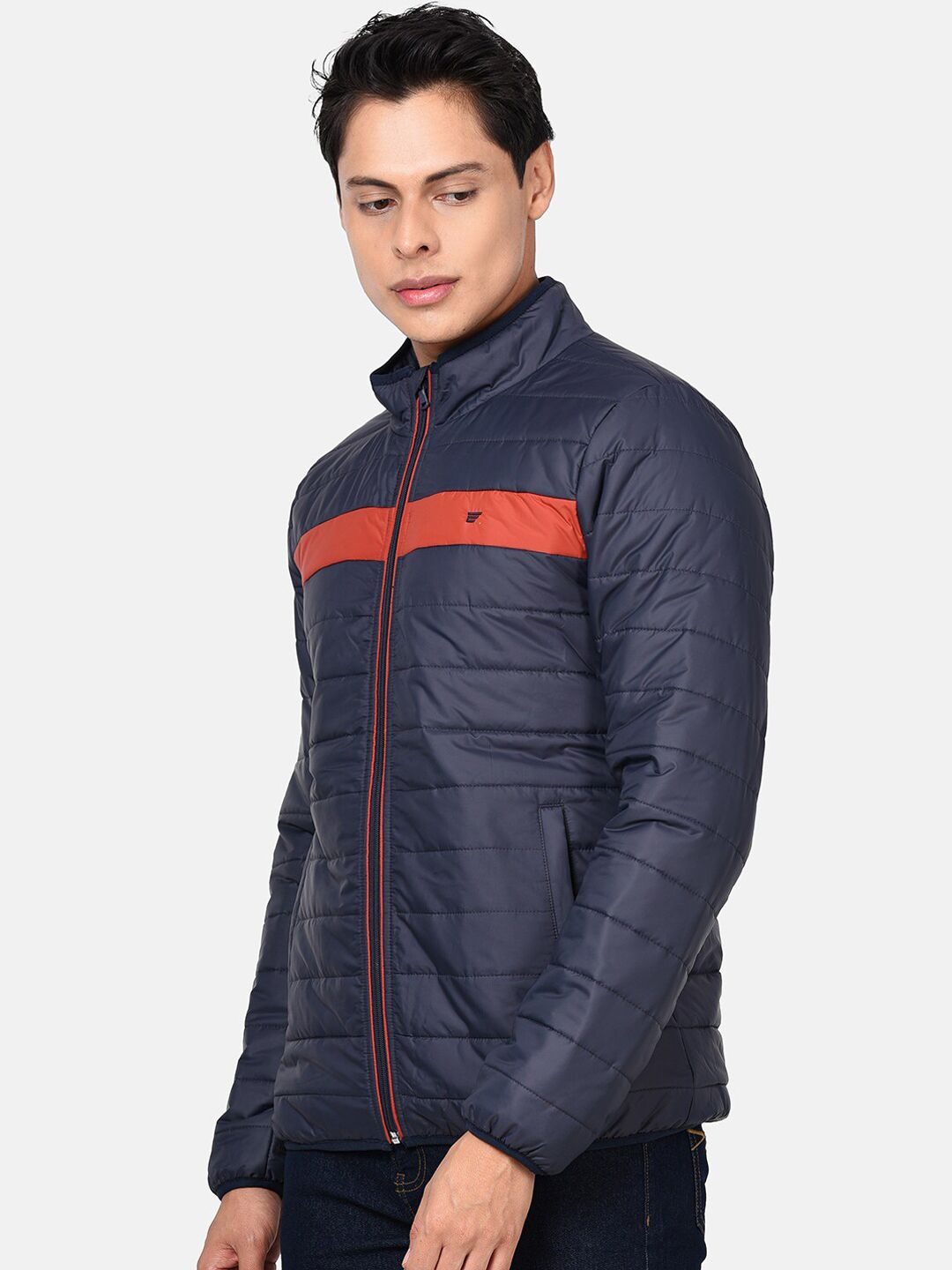 t-base Men Navy Blue Red Colourblocked Lightweight Puffer Jacket