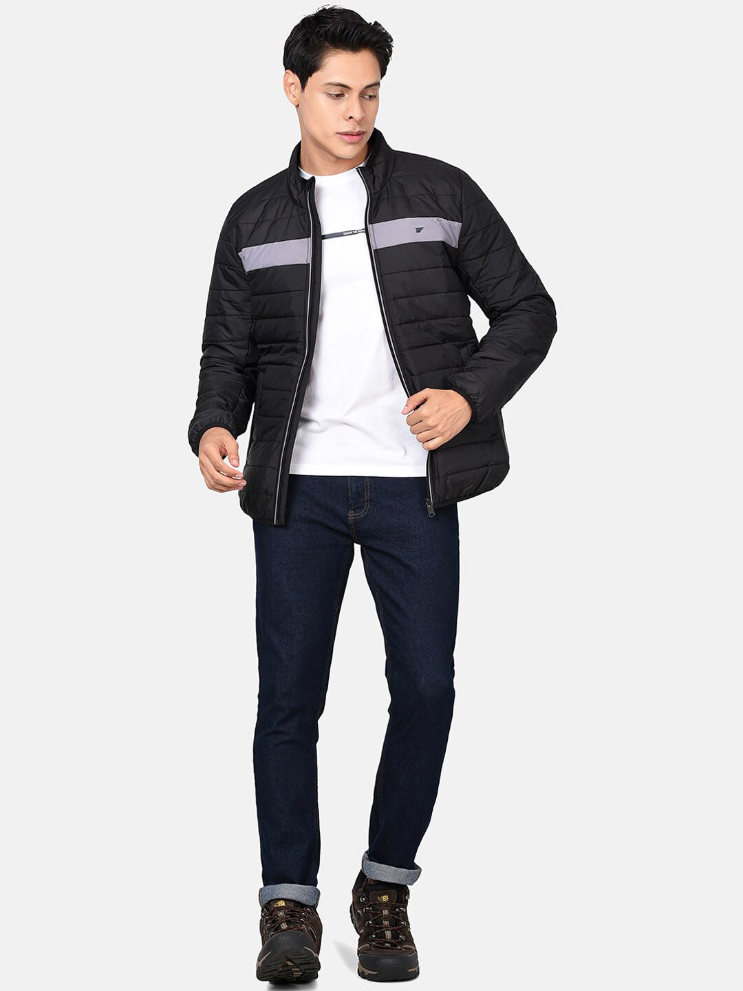 t-base Men Black & Grey Colourblocked Lightweight Puffer Jacket