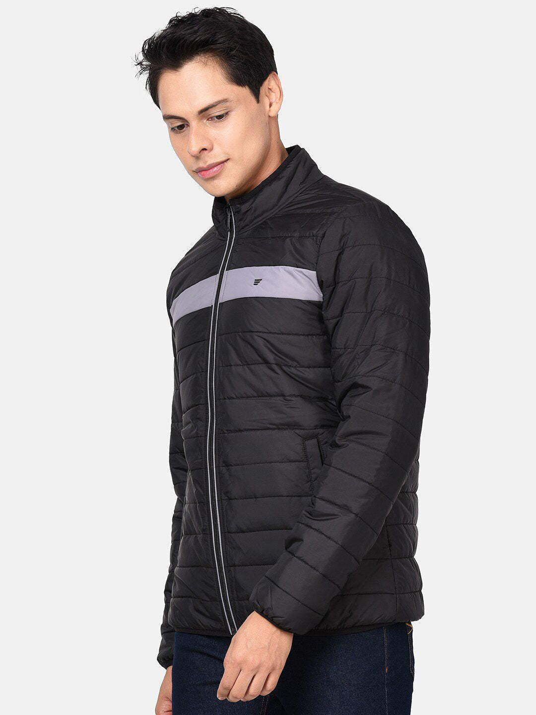 t-base Men Black & Grey Colourblocked Lightweight Puffer Jacket