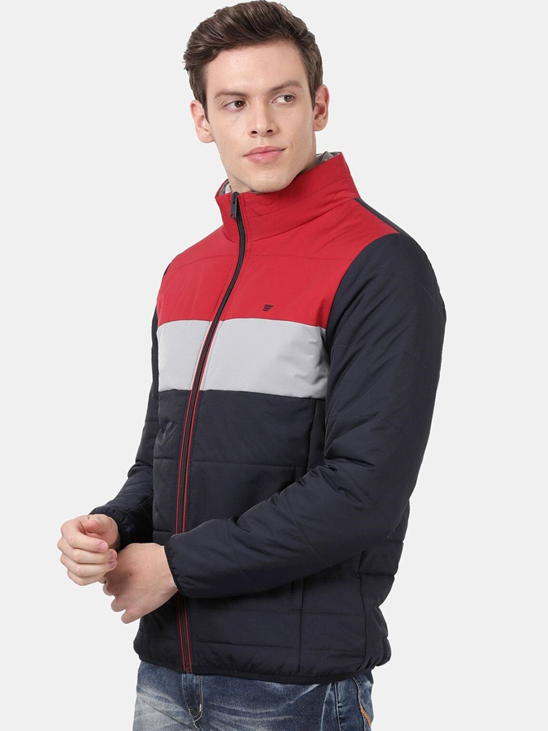 t-base Men Navy Blue Red Colourblocked Windcheater Puffer Jacket