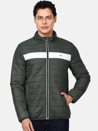 t-base Men Green & White Colourblocked Lightweight Puffer Jacket