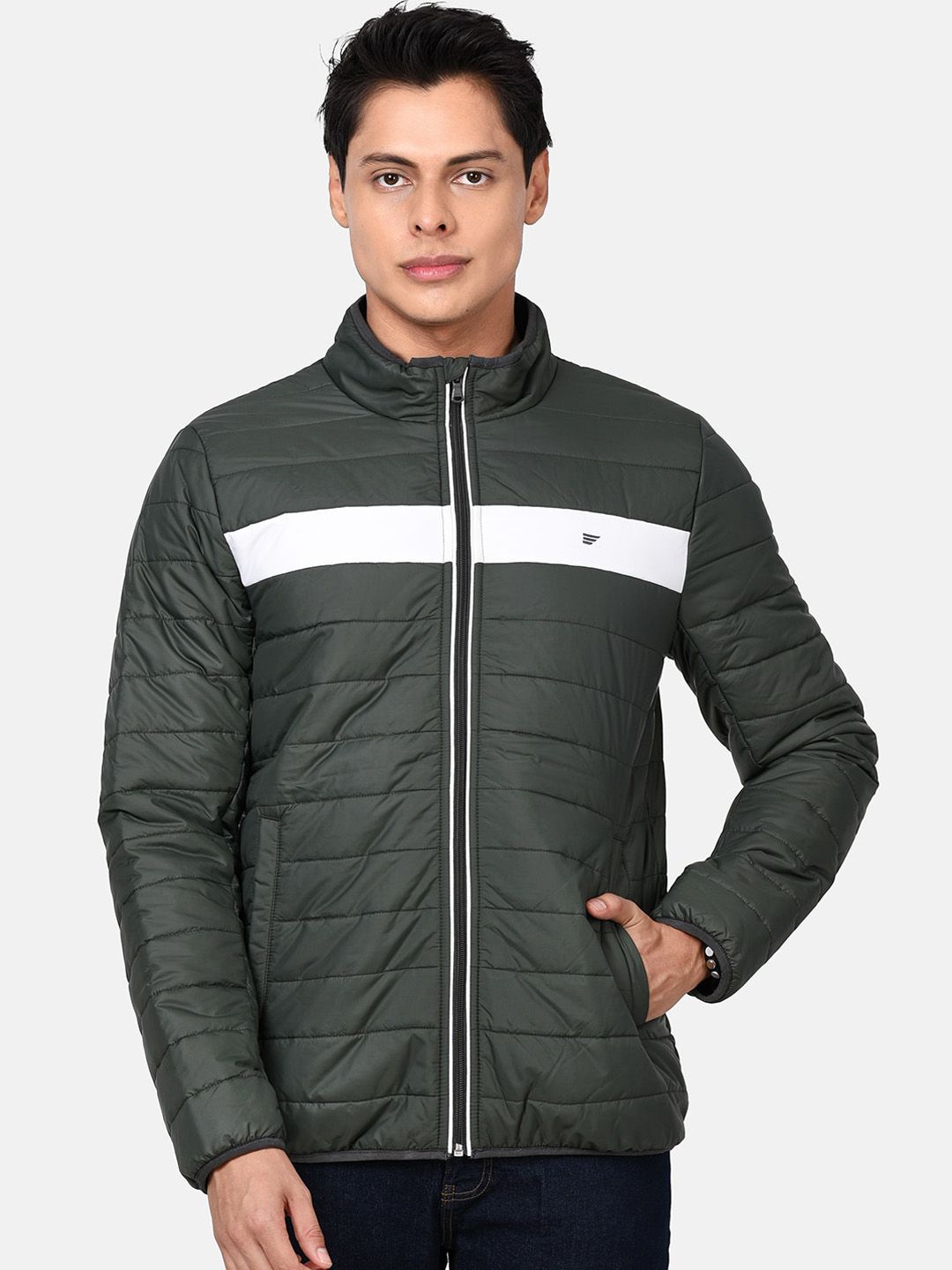 t-base Men Green & White Colourblocked Lightweight Puffer Jacket