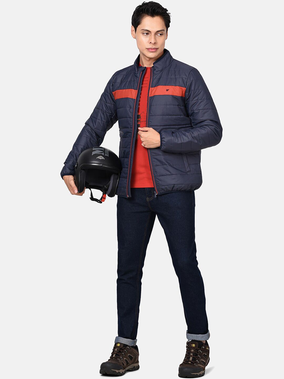 t-base Men Navy Blue Red Colourblocked Lightweight Puffer Jacket