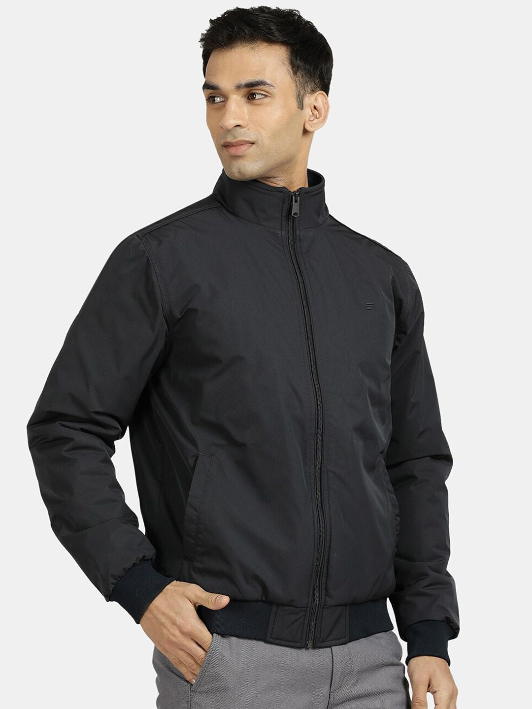 Men Self Design Mock Collar Windcheater Bomber Jacket