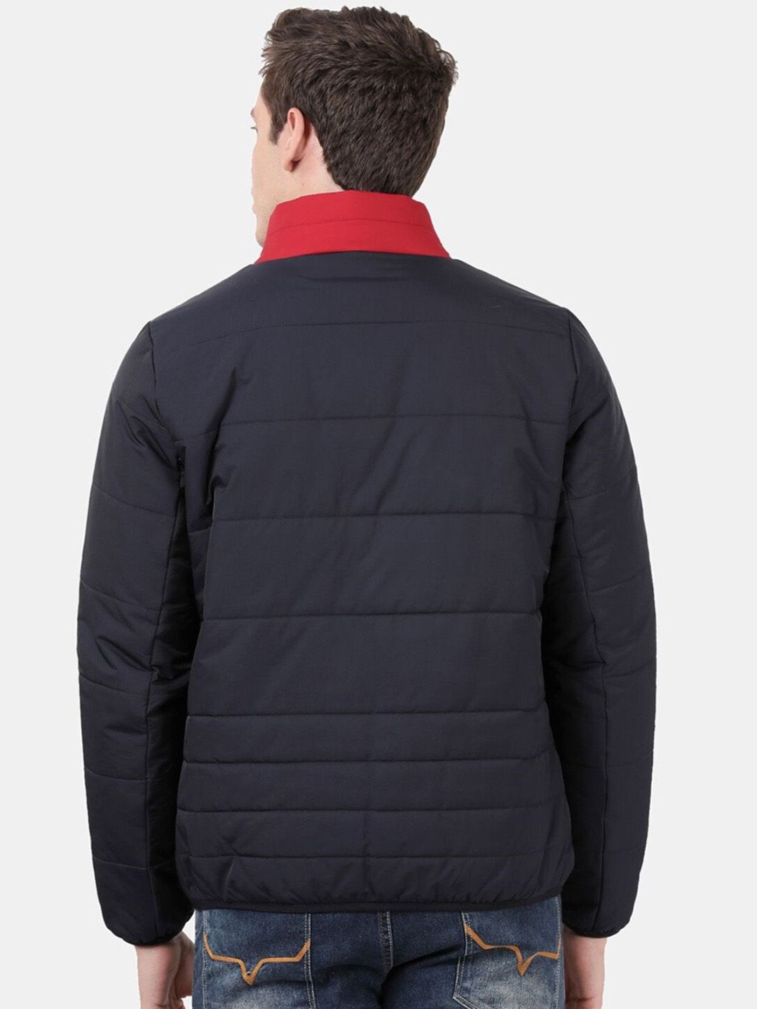 t-base Men Navy Blue Red Colourblocked Windcheater Puffer Jacket