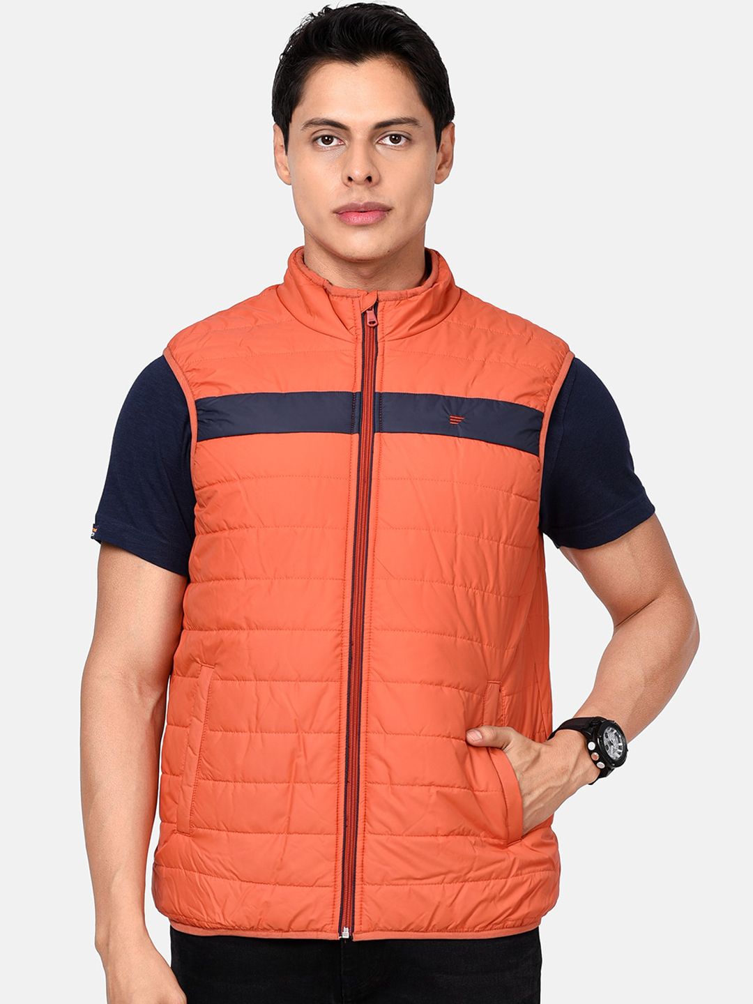 Men'S Burnt Orange Windproof Puffer Jacket
