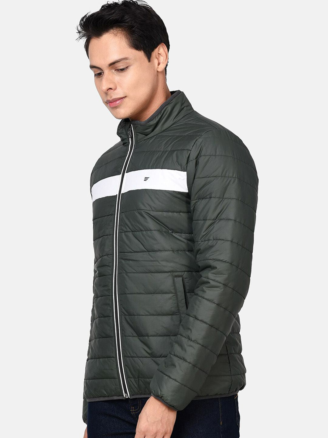 t-base Men Green & White Colourblocked Lightweight Puffer Jacket