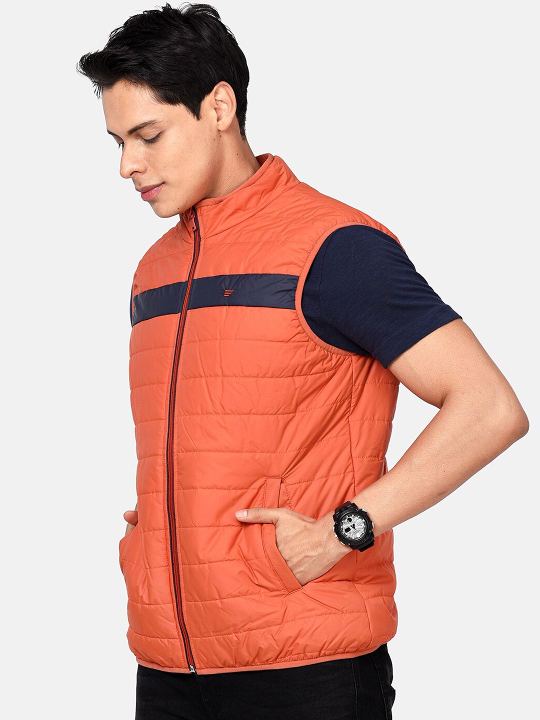 Men'S Burnt Orange Windproof Puffer Jacket