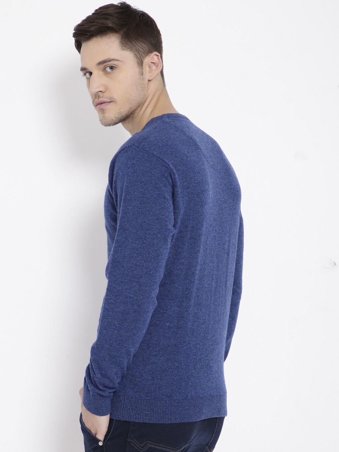 T-Base Men Blue Solid Round-Neck Pullover Sweater