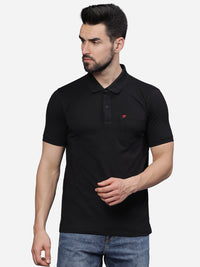 Men’s Jet Black Textured Knit Solid Casual Polo T Shirt.