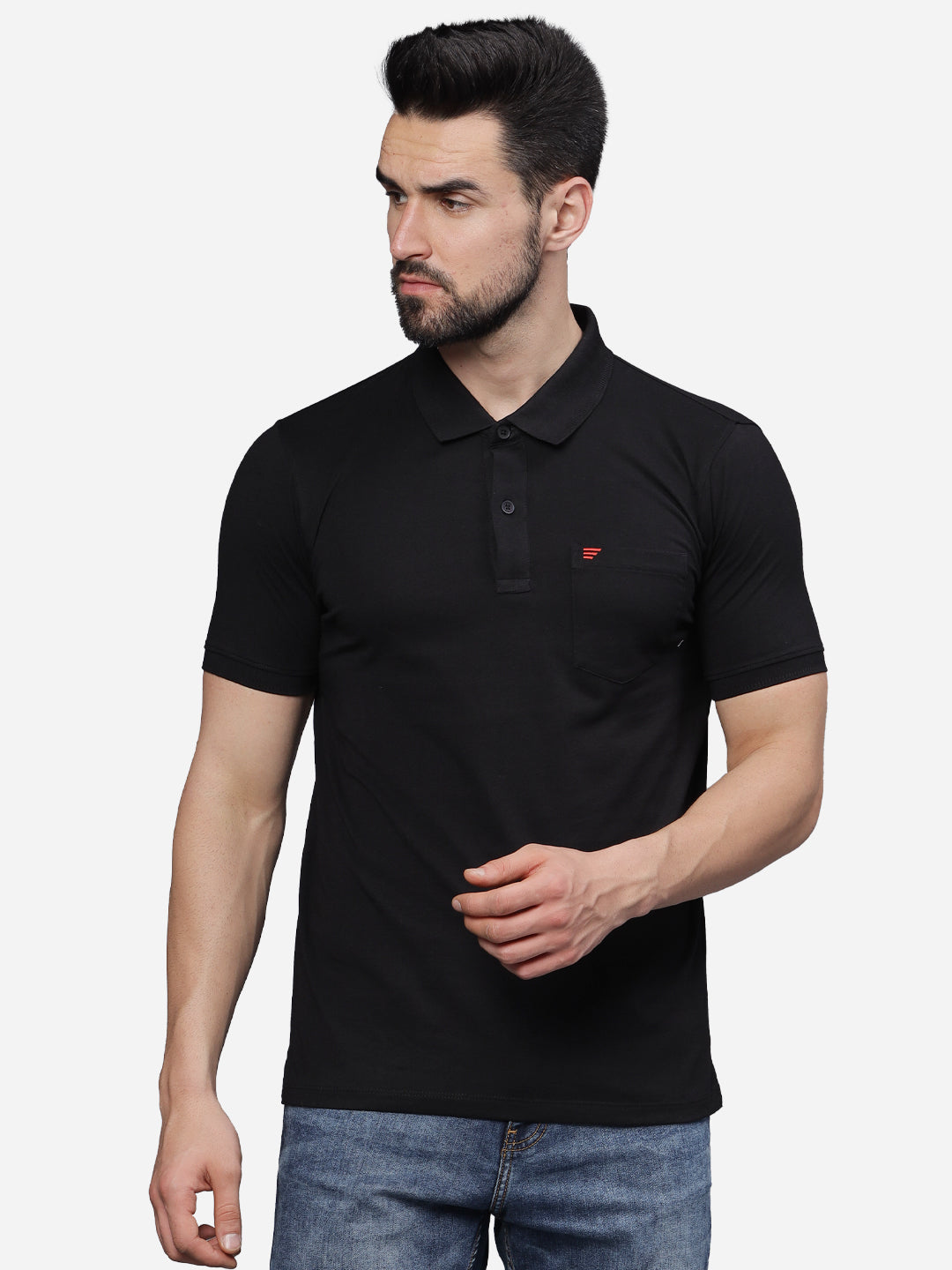 Men’s Jet Black Textured Knit Solid Casual Polo T Shirt.