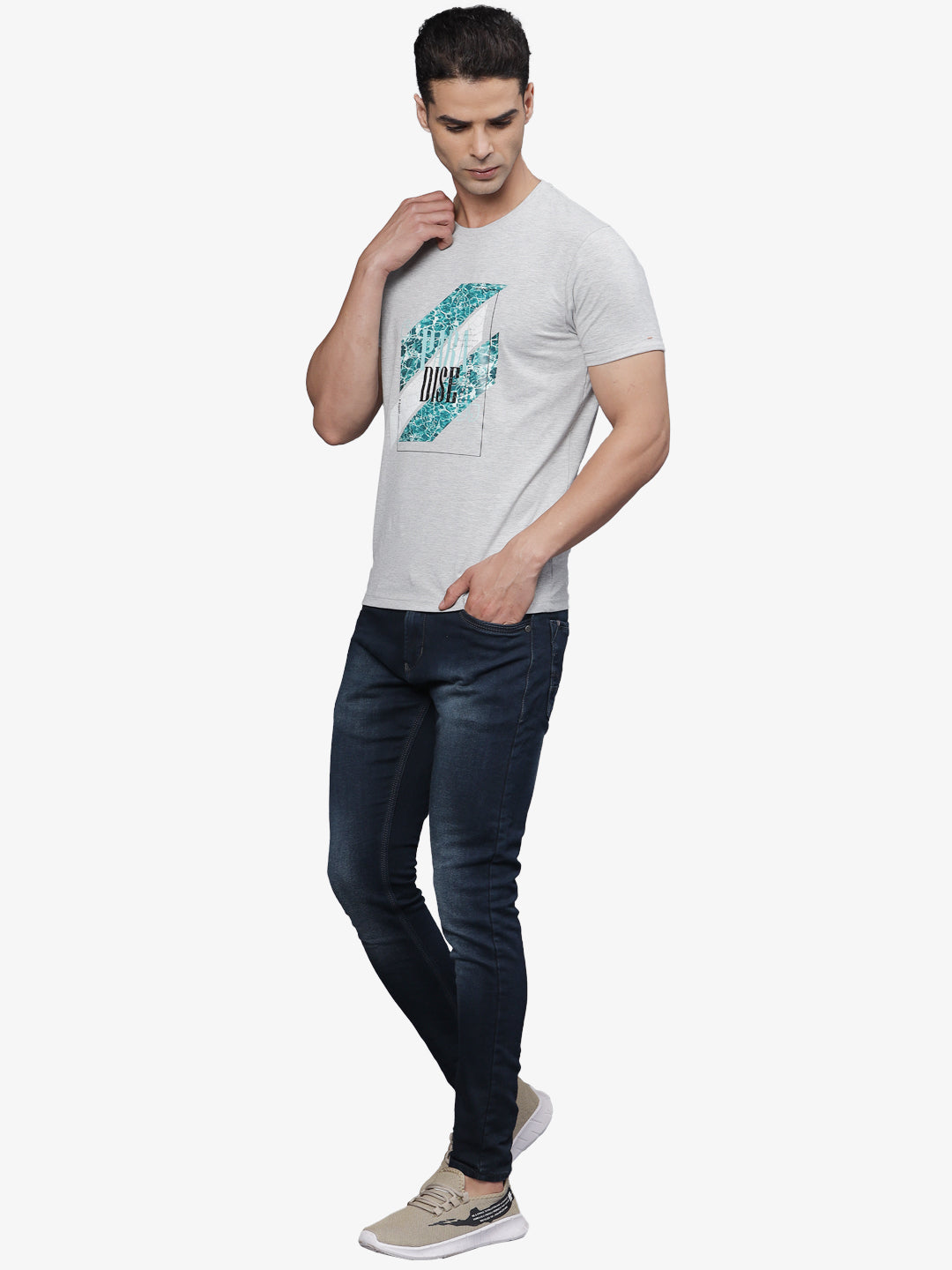 T-base Men's Graphic  Crew Neck T-Shirt | Regular Fit | Casual Wear | Grey Melange