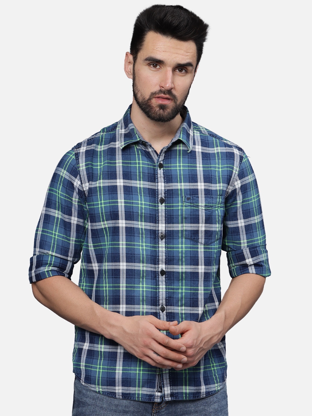 T-Base Men Regular Fit Cotton Casual Shirt |Long sleeve|Indigo Neon