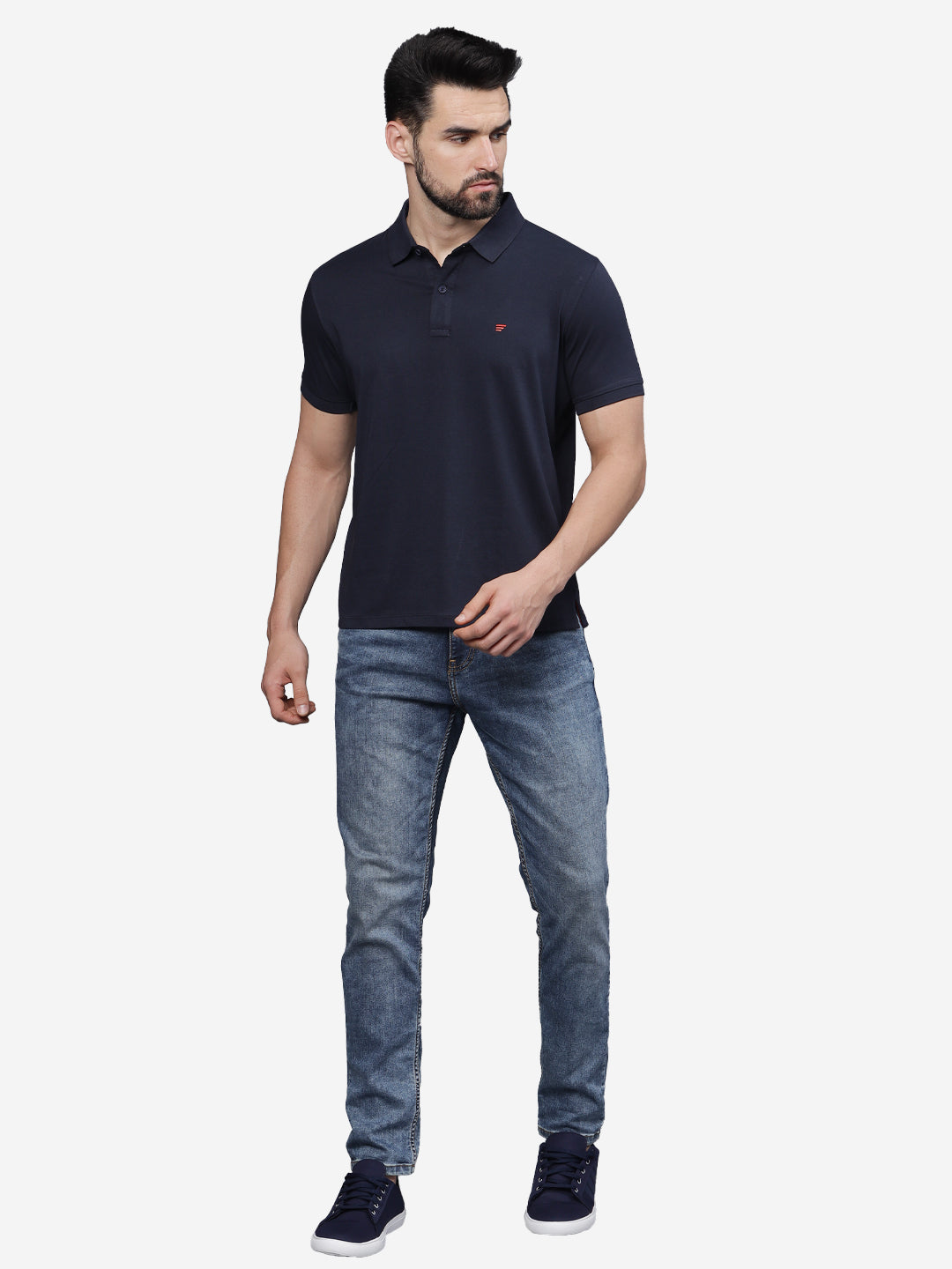 Men’s Navy Textured Knit Solid Casual Polo T Shirt.