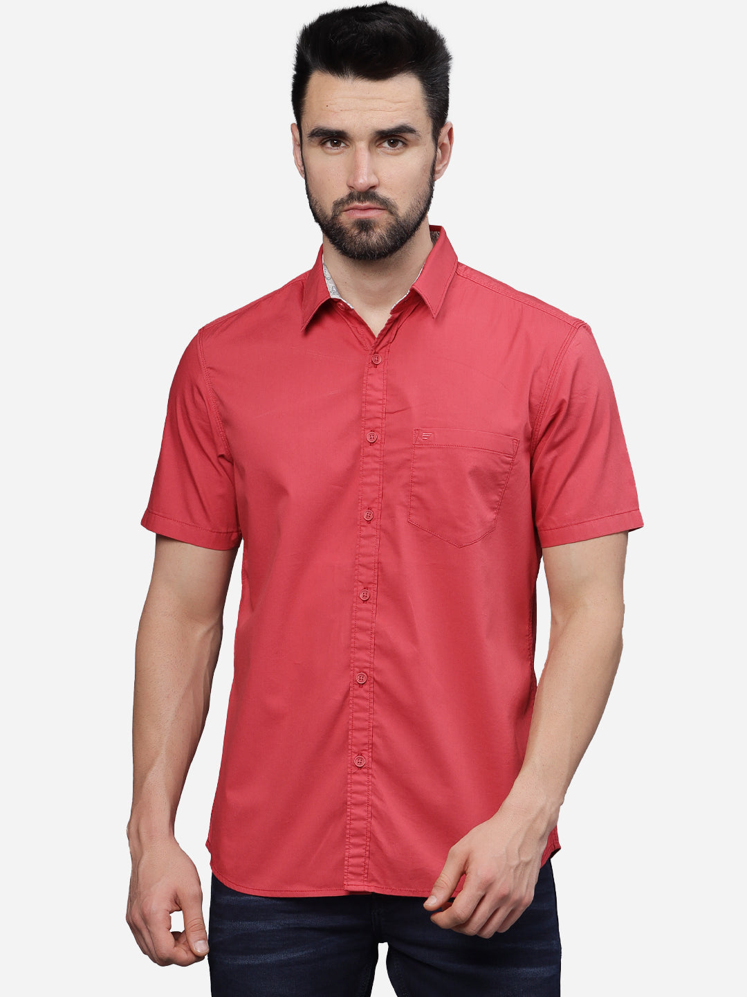 T-Base Men Regular Fit Cotton Casual Shirt | Short Sleeve|Raspberry
