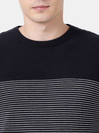 T-Base Men Navy Blue & White Striped Pullover