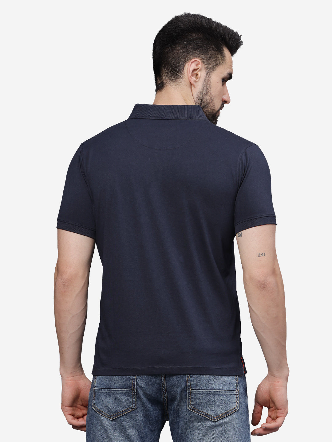 Men’s Navy Textured Knit Solid Casual Polo T Shirt.