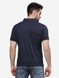 Men’s Navy Textured Knit Solid Casual Polo T Shirt.