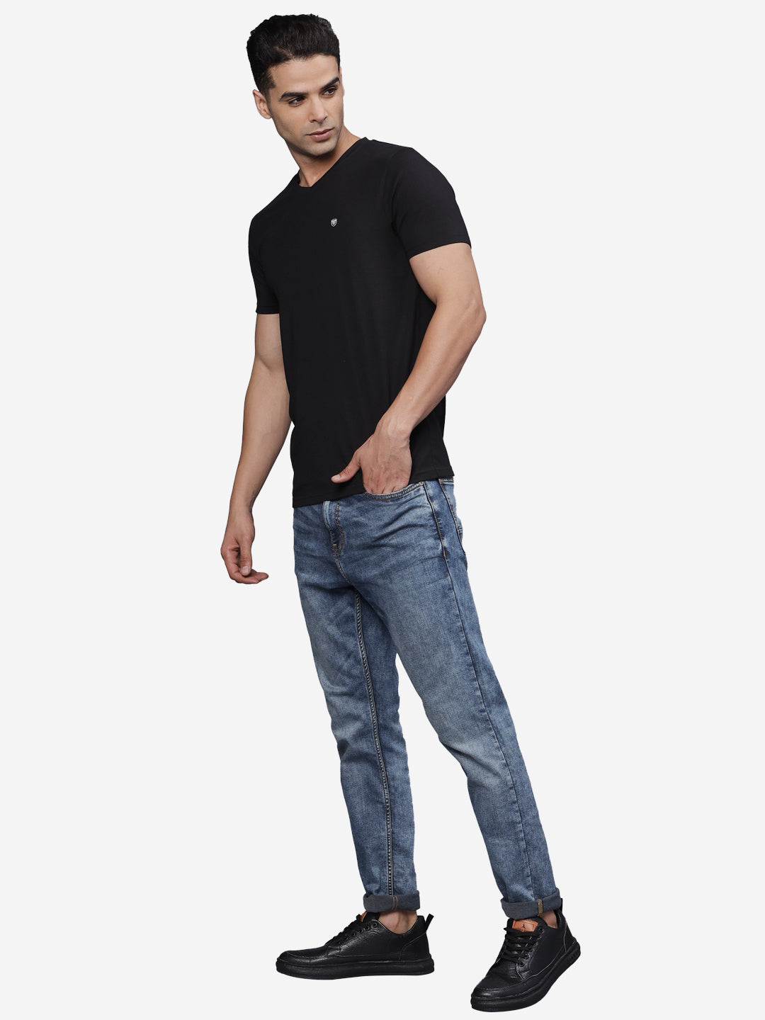 TBASE Men's Cotton Solid V-Neck T-Shirt | Short Sleeves | Regular Fit | Casual Everyday Wear | Black