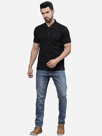 Men’s Jet Black Textured Knit Solid Casual Polo T Shirt.