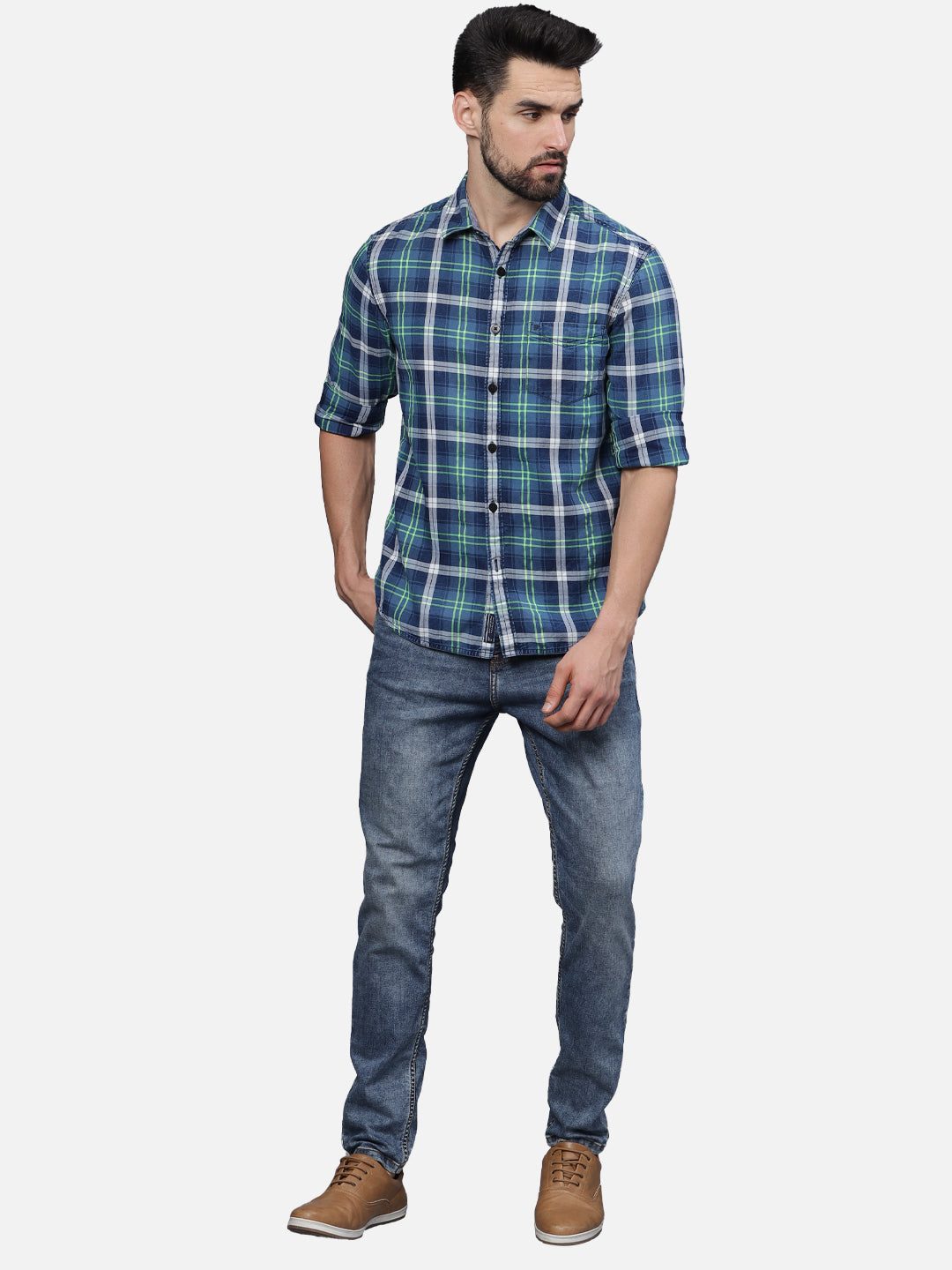 T-Base Men Regular Fit Cotton Casual Shirt |Long sleeve|Indigo Neon