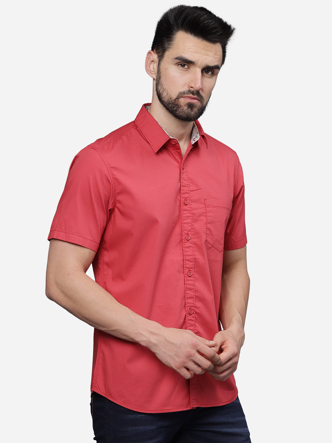 T-Base Men Regular Fit Cotton Casual Shirt | Short Sleeve|Raspberry