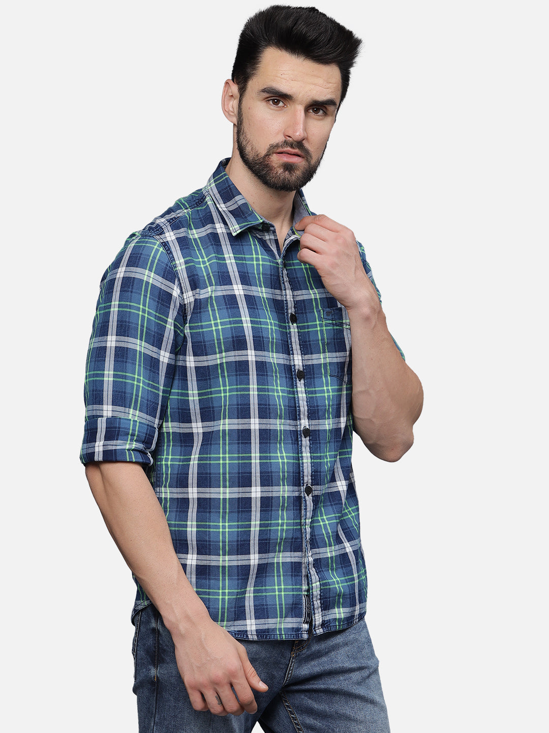 T-Base Men Regular Fit Cotton Casual Shirt |Long sleeve|Indigo Neon