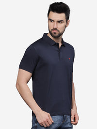 Men’s Navy Textured Knit Solid Casual Polo T Shirt.