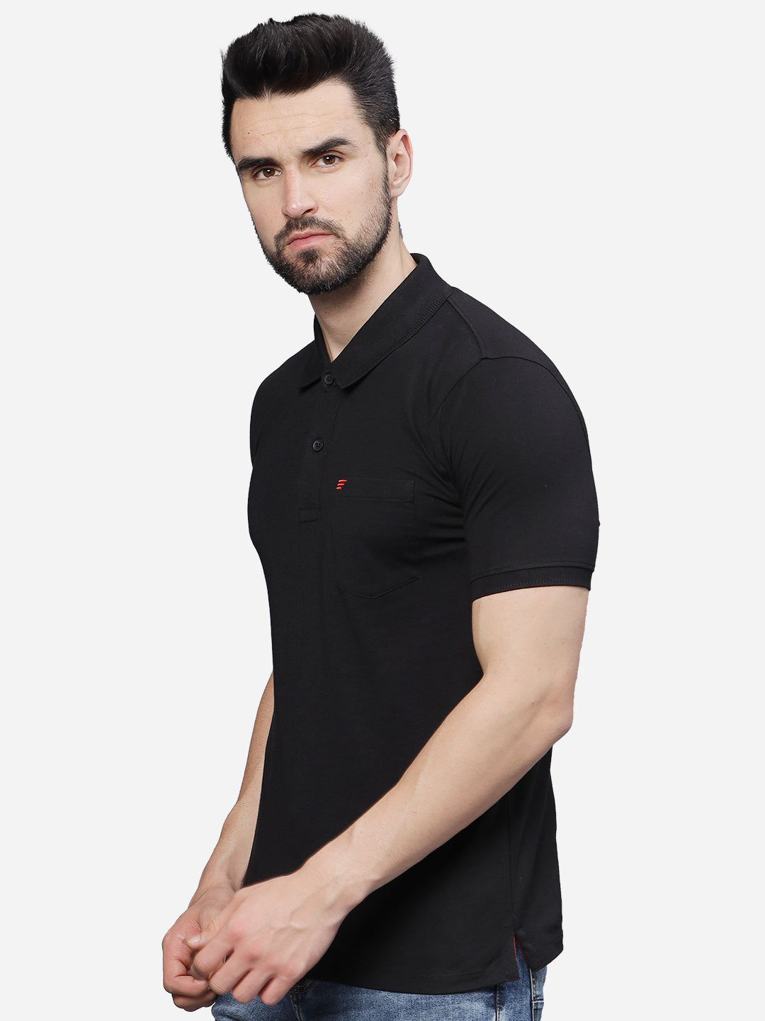 Men’s Jet Black Textured Knit Solid Casual Polo T Shirt.