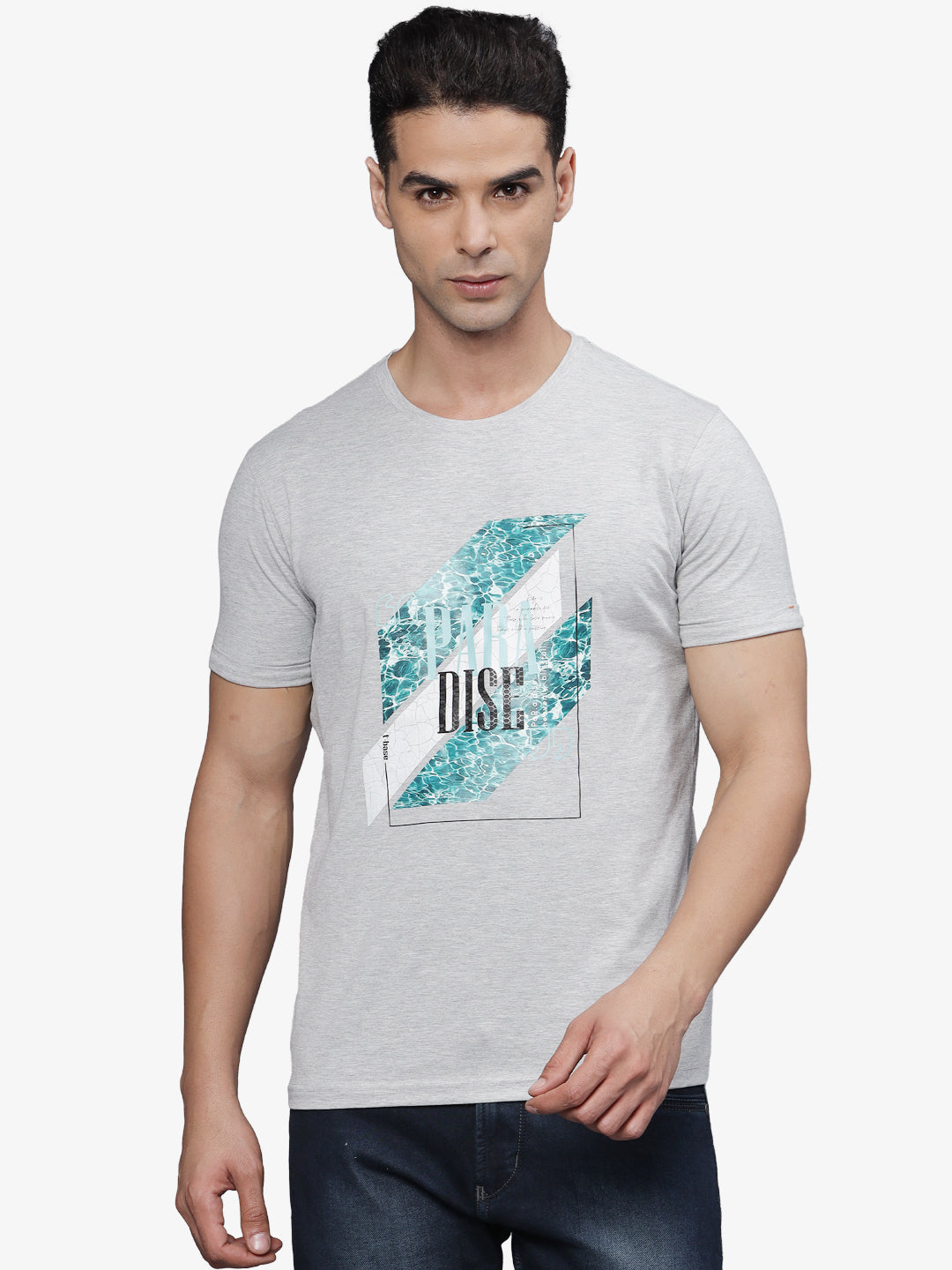 T-base Men's Graphic  Crew Neck T-Shirt | Regular Fit | Casual Wear | Grey Melange