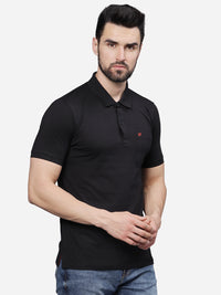 Men’s Jet Black Textured Knit Solid Casual Polo T Shirt.