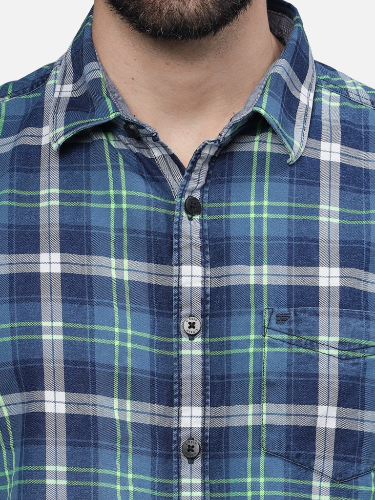 T-Base Men Regular Fit Cotton Casual Shirt |Long sleeve|Indigo Neon