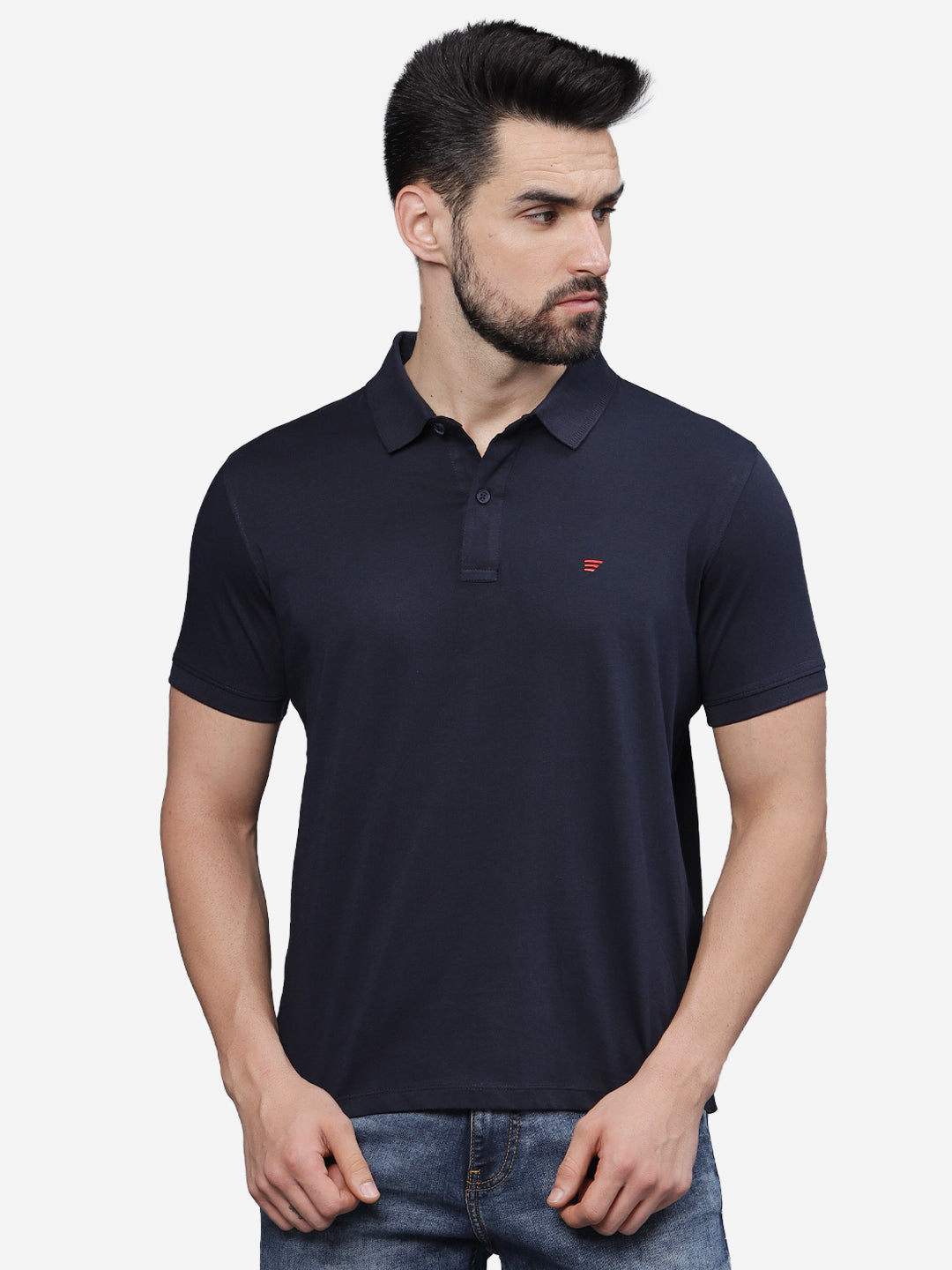 Men’s Navy Textured Knit Solid Casual Polo T Shirt.