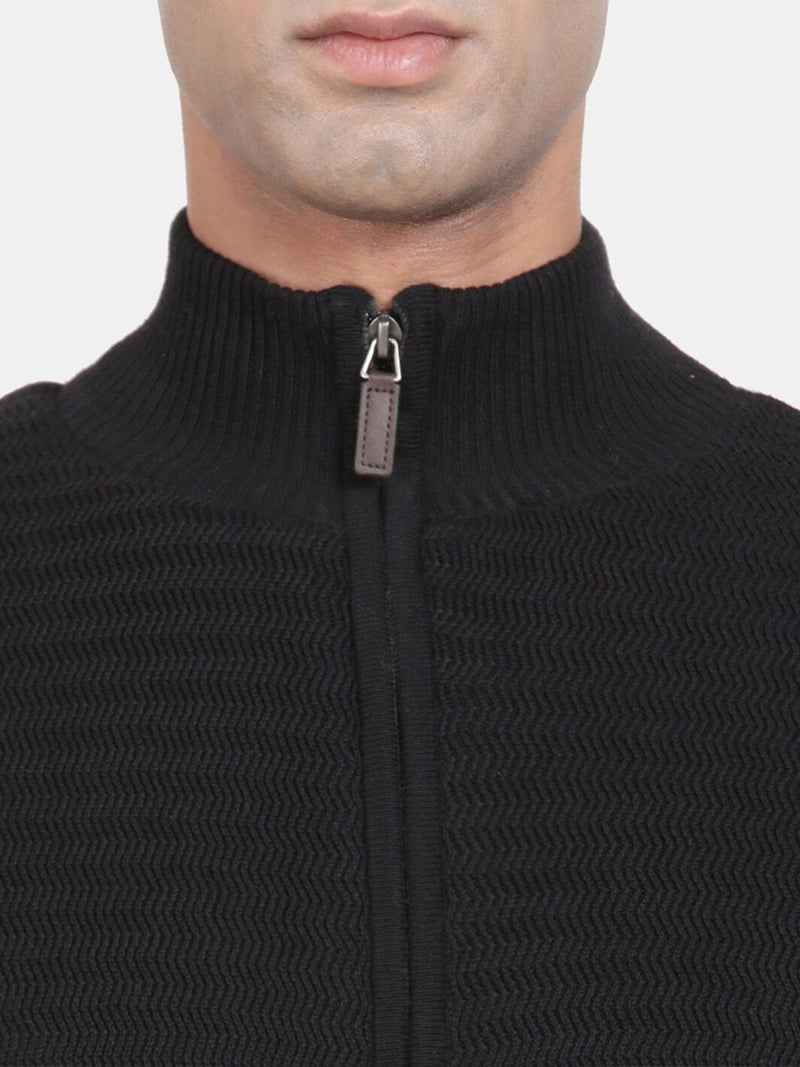 T-Base Geometric Self Design Long Sleeves Front Open Pure Cotton Sweater
