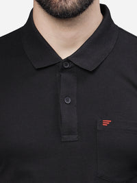 Men’s Jet Black Textured Knit Solid Casual Polo T Shirt.