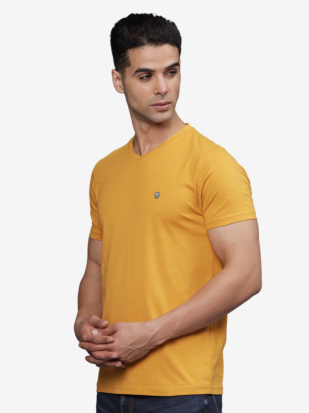 TBASE Men's Cotton Solid V-Neck T-Shirt | Short Sleeves | Regular Fit | Casual Everyday Wear | Blazing Yellow
