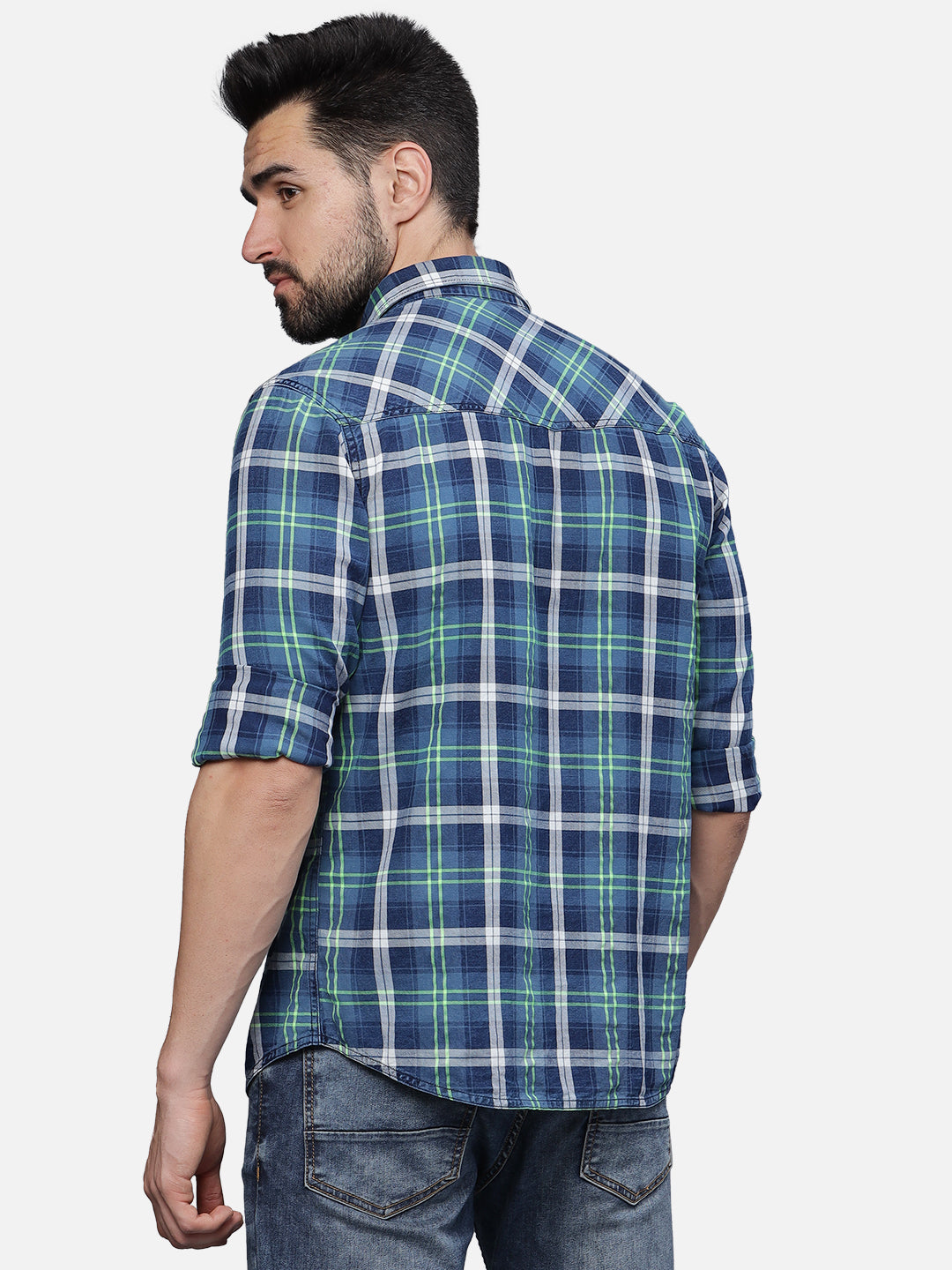 T-Base Men Regular Fit Cotton Casual Shirt |Long sleeve|Indigo Neon