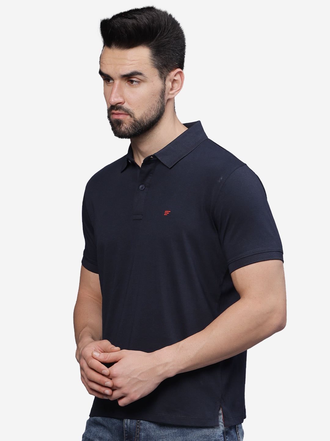 Men’s Navy Textured Knit Solid Casual Polo T Shirt.
