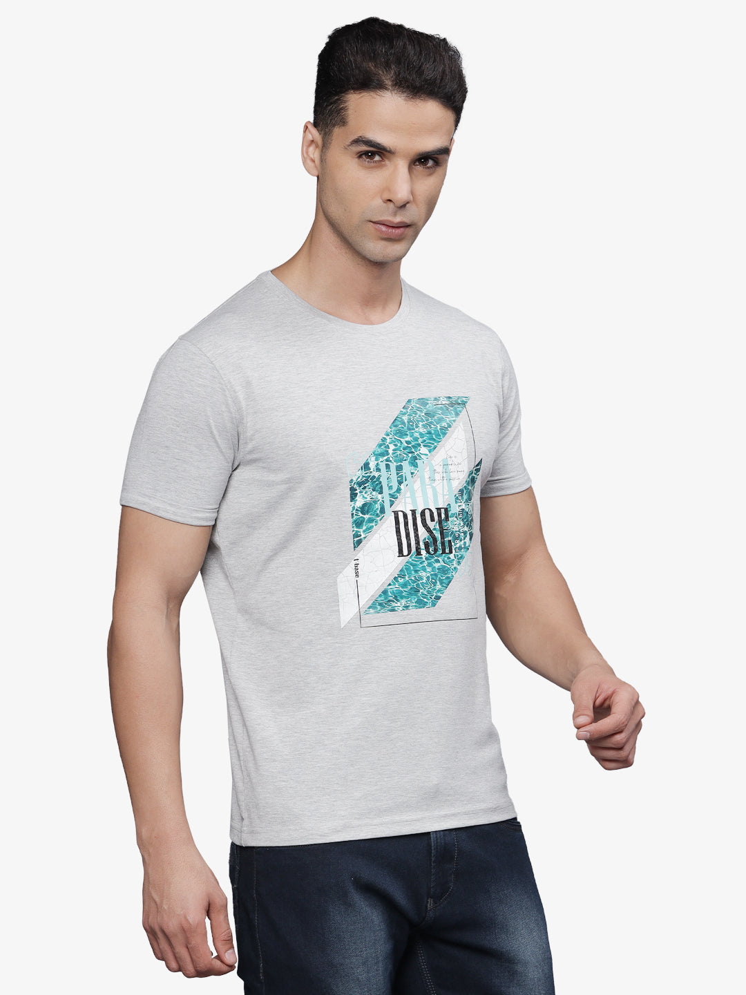 T-base Men's Graphic  Crew Neck T-Shirt | Regular Fit | Casual Wear | Grey Melange
