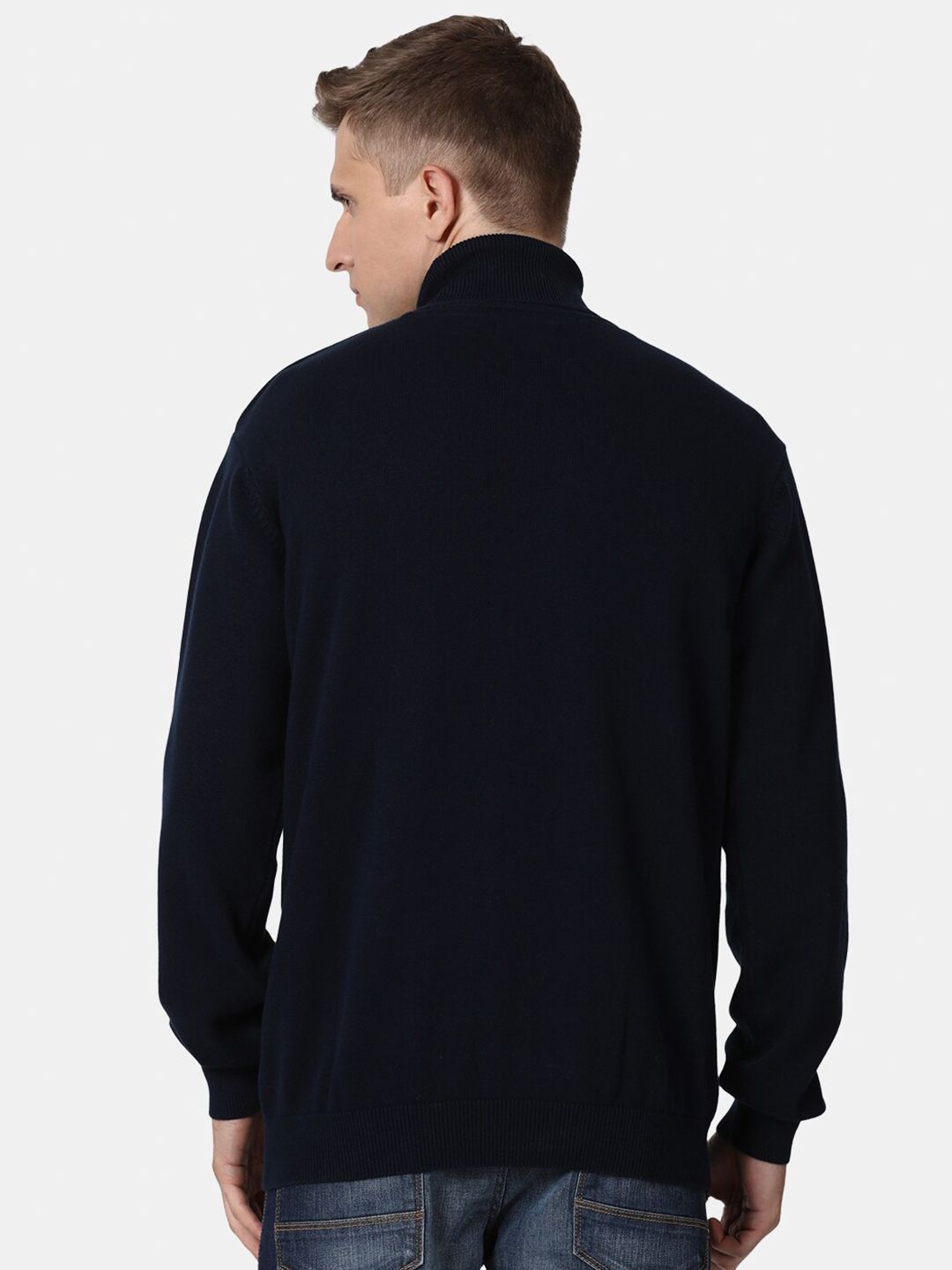 T-Base Men Navy Blue Solid Cotton Pullover