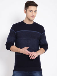 T-Base Men Navy Blue Striped Pullover Sweater