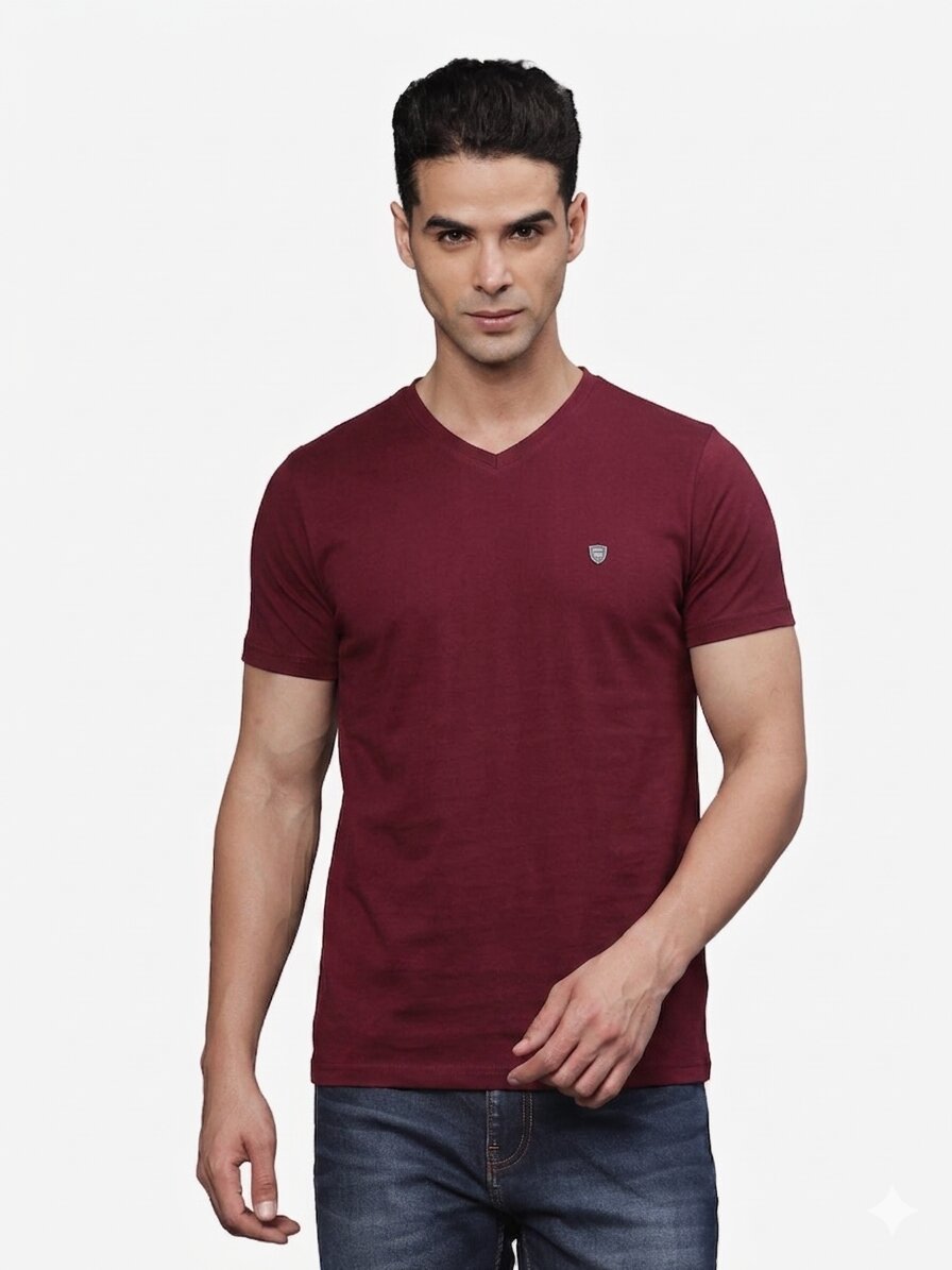 TBASE Men's Cotton Solid V-Neck T-Shirt | Short Sleeves | Regular Fit | Casual Everyday|Ruby Wine