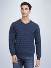 V Neck Jacquard Lambswool Deep Indigo Full Sleeve Pullover
